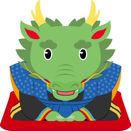 Vector illustration of sitting dragon wearing Japanese kimono.のイラスト素材