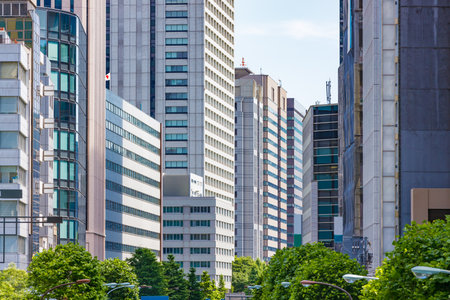 High-rise buildings in Tokyo with beautiful fresh greenの写真素材
