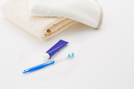Clean towels and toiletriesの写真素材