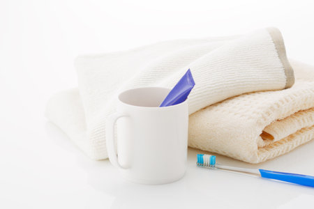 Clean towels and toiletriesの写真素材