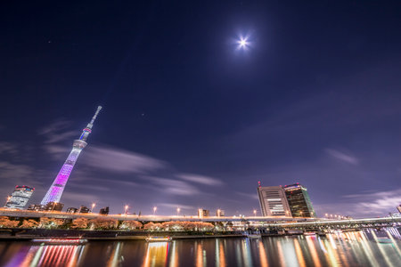 Blue sky with beautiful moon and night view of Tokyo