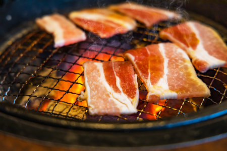 Juicy grilled meat grilled on a netの写真素材