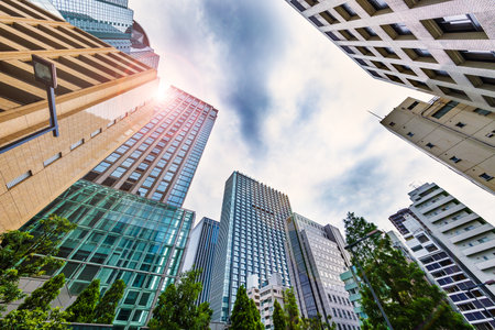 Fresh Green Trees and Buildingsの写真素材