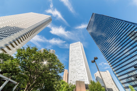 Shinjuku high-rise buildings with beautiful blue skyの写真素材
