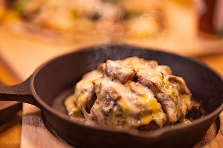 A delicious cheese hamburger with freshly baked hot airの写真素材