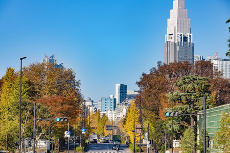 Autumn leaves of street trees and urban buildingsのeditorial素材