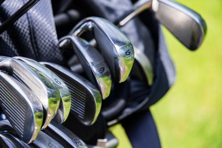 Fresh green golf courses and golf clubsの写真素材