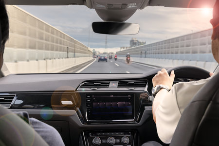 The view from the window of a car driving on a highwayの写真素材