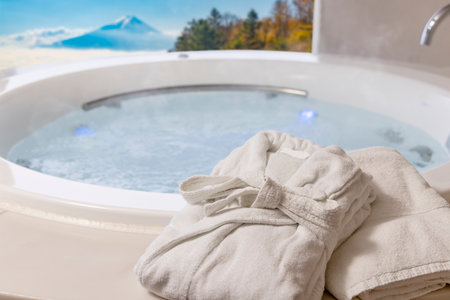 Bathrobes and relaxing whirlpool bathsの写真素材