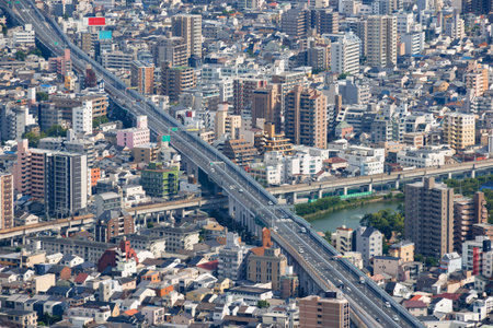 The cityscape of Osaka seen from the top of a high-rise buildingの写真素材