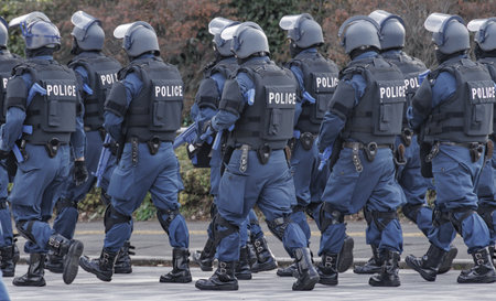 a police officer practicing marches in groupsの写真素材