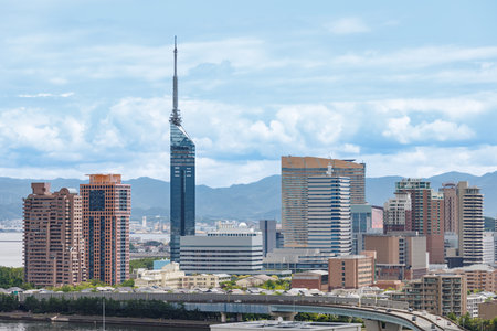 The townscape of Hakata, Fukuoka Prefecture seen from the top of the mountainの写真素材