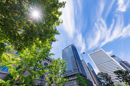 Beautiful blue sky and urban buildingsの写真素材