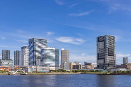 Urban buildings by the waterの写真素材