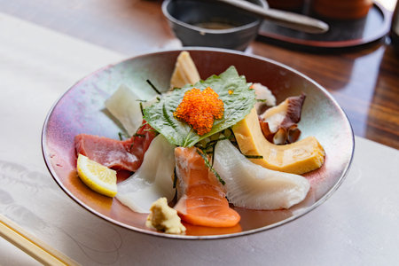 Fresh and delicious looking seafood bowlの写真素材