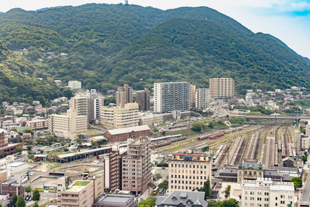 The cityscape of Moji in Kitakyushu seen from the top of the towerの写真素材
