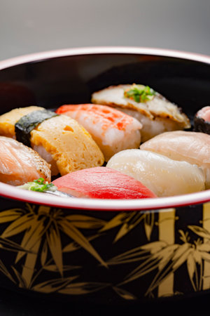 Delicious-looking sushi in a lacquered wooden tubの写真素材