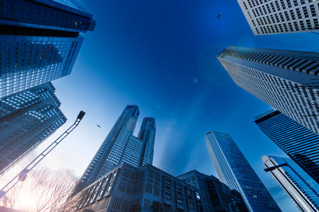 low angle view of modern skyscrapersの写真素材