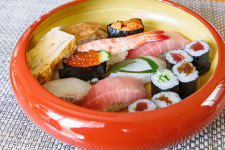 Sushi set in a bowl, japanese food style.の写真素材