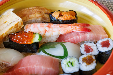 Sushi set in a bowl, japanese food style.の写真素材