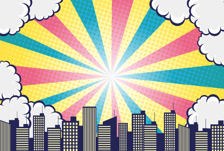 Comic art style clouds and sky and city background materialのイラスト素材