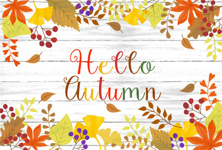 White wood grain background material with autumn foliage imageのイラスト素材