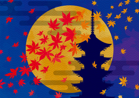 Full moon and maple and five-storied pagoda Japanese style background materialのイラスト素材