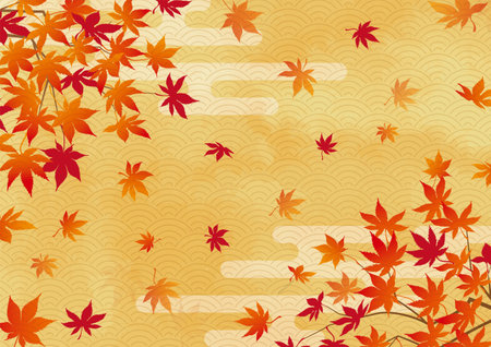 Autumn image background material of autumn leaves soaring on a golden backgroundのイラスト素材