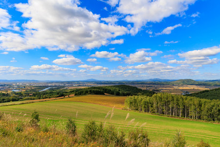 Panoramic view of the valley and the hills in the summerの写真素材