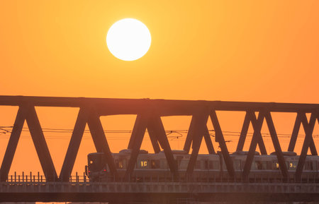 train dyed in the morning sunの写真素材
