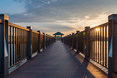Sunset seen from the pier of Sayamaike promenade in Osaka, Japan