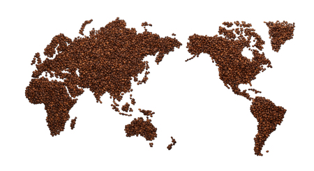 World map made of coffee beans, isolated on whiteの写真素材