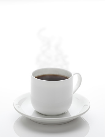 Hot coffee with steam isolated on whiteの写真素材