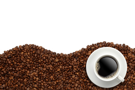 Cup of coffee on beansの写真素材