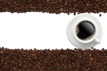 Cup of coffee on beansの写真素材