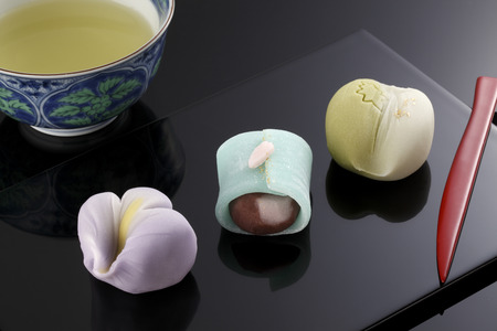 Japanese traditional confectionery cake "wagashi" on plateの写真素材