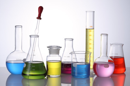 Clean laboratory glassware on white backgroundの写真素材