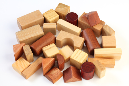 Wooden toy blocks isolated on white backgroundの写真素材