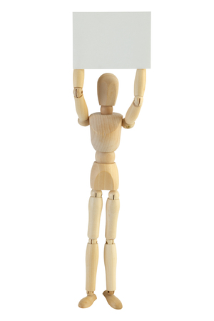 Wooden model dummy holding blank square carton board isolated on white...の写真素材