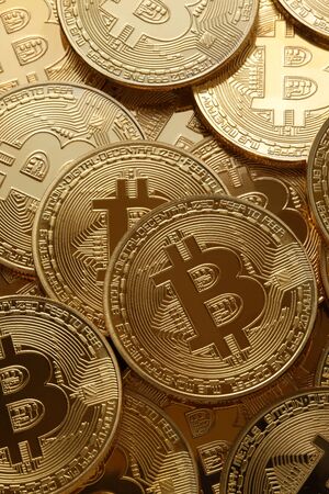 Golden Bitcoins. New virtual moneyの写真素材
