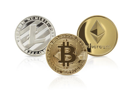 Litecoins Studio shot of ethereum, Bitcoin, on white background. Digital virtual currencyの写真素材