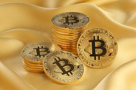 Golden Bitcoins. New virtual moneyの写真素材