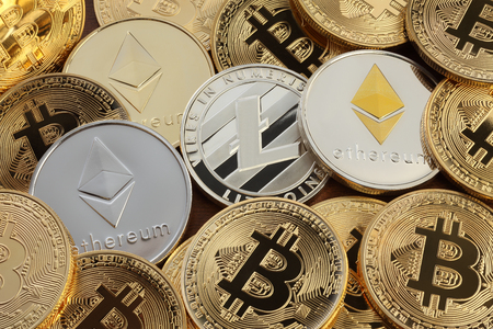 Close up shot of three main cryptocurrencies; bitcoin, ethereum and litecoinの写真素材