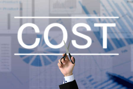 Hand and cost character of businessman with scissors - cost cut imageの写真素材