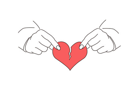 Line drawing illustration of a person holding a torn heart in his handのイラスト素材