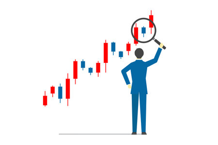 A business person with a magnifying glass from behind analyzing stock price and exchange rate chartsのイラスト素材