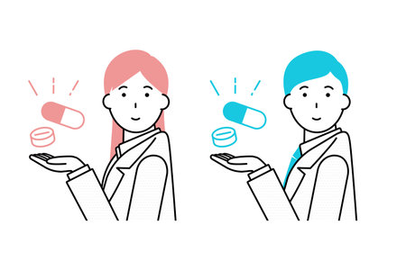 Illustration of a man and woman in white coats holding up medicineのイラスト素材