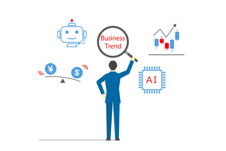 Illustration of a businessman with his back to analyze business trends with a magnifying glassのイラスト素材
