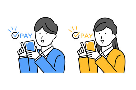 Illustration of a young man and woman making a payment with a smartphoneのイラスト素材
