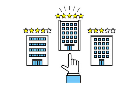 Illustration of a businessman's hand pointing at a perfect five-star ratingのイラスト素材